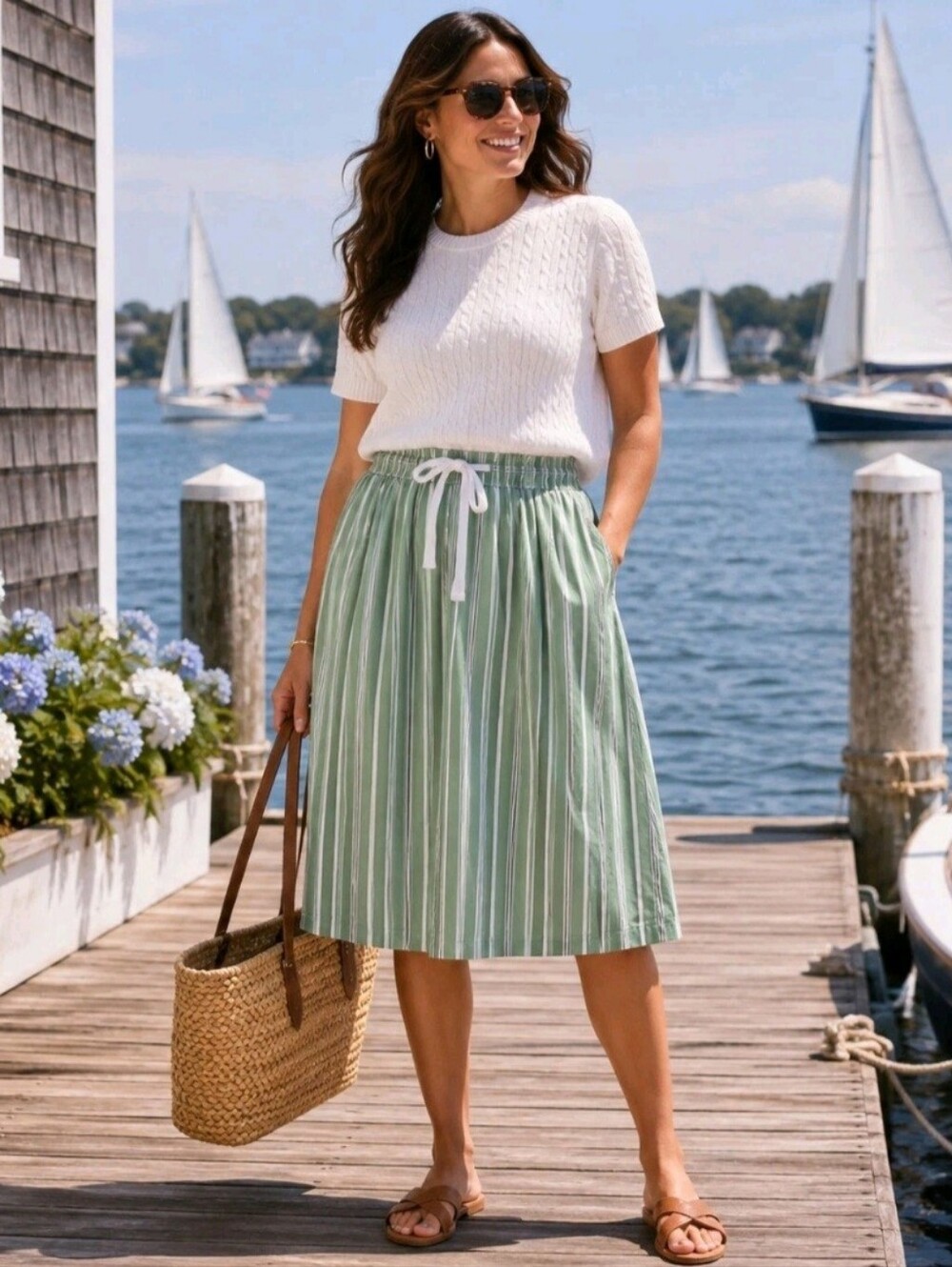 Talbots Petite Medium Green Stripe Midi Skirt Coastal Preppy Nautical Hamptons